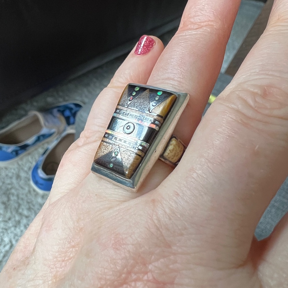 Geometric Inlay handmade Native American ring - Picture 4 of 5